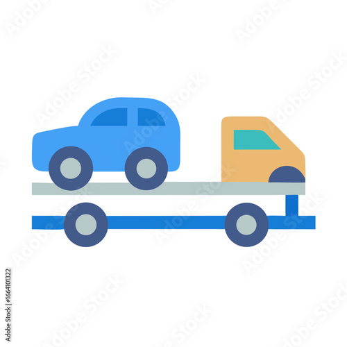 Tow truck transports a car in a flat design against a black background