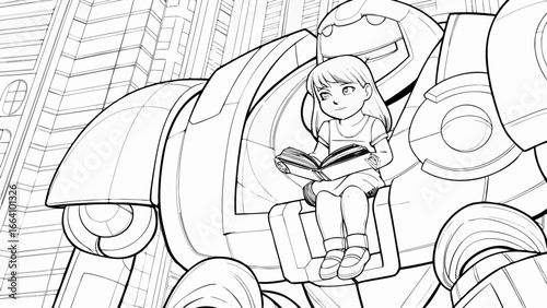 Line art depicting a girl reading a book while sitting on a robot in front of a cityscape view silhouette