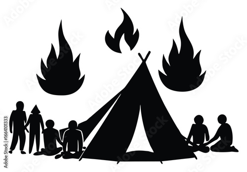 Silhouetted teepee with campfire and people gathering design illustration vector