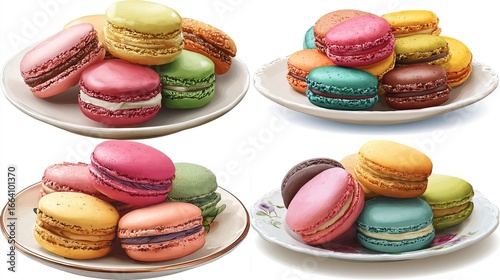 Wallpaper Mural Four plates of colorful, pastel macarons, each showcasing a variety of flavors and fillings, meticulously arranged on delicate plates against a  Torontodigital.ca