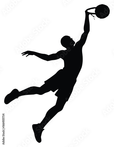 Basketball player silhouette performing a slam dunk powerful athletic black and white