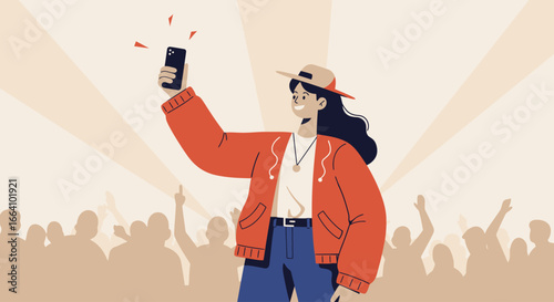 A modern flat design illustration of a cheerful festival-goer actively engaging with their smartphone, capturing memories or sharing their experience on social media.