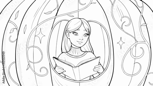 Girl reading a book inside a pumpkin carriage with vines and stars in a black and white illustration silhouette