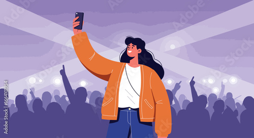 A modern flat design illustration of a cheerful festival-goer actively engaging with their smartphone, capturing memories or sharing their experience on social media.