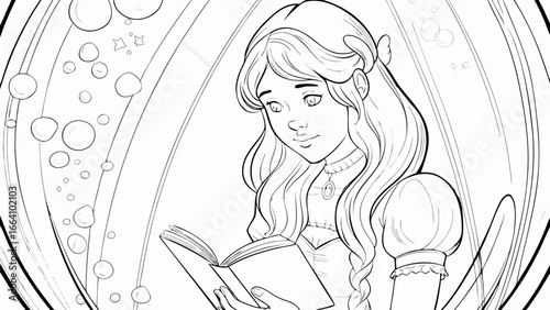 A girl with long hair reading a book inside a bubble with bubbles floating around her in black and white style silhouette