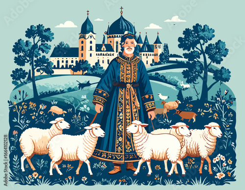 A wise, bearded shepherd in an ornate blue and gold robe, standing amidst his flock of sheep.