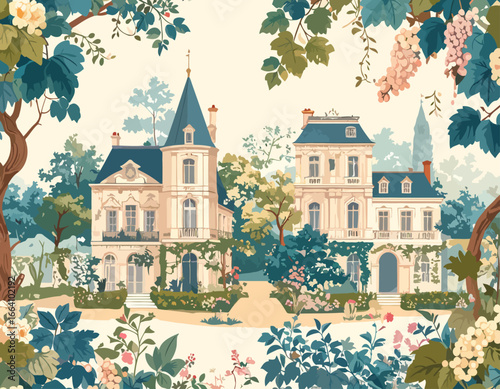 Elegant French Chateau Pair, Lush Garden Setting, Vintage Style Illustration