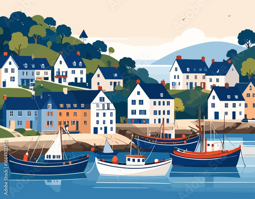Coastal Village Scene with Traditional Fishing Boats and Quaint Houses