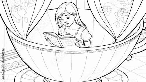 Illustration of a girl reading a book inside a teacup with floral curtains in the background design art silhouette