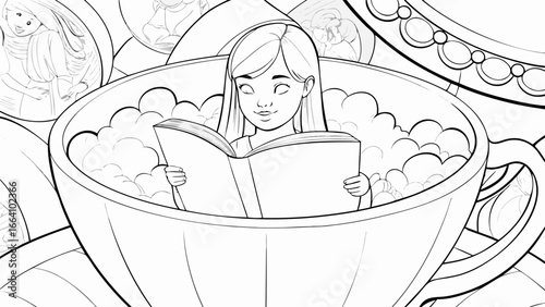 Girl reading a book in a teacup surrounded by other teacups in a black and white coloring page style drawing silhouette