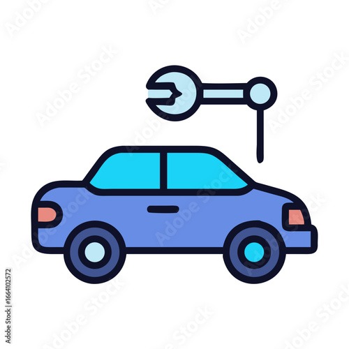 Cartoon car and wrench on a black background for repair or maintenance