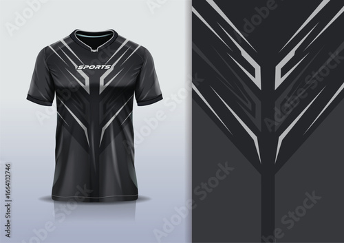 T-shirt mockup abstract stripe line jersey design for football, soccer, racing, esports, running, in black gray white color