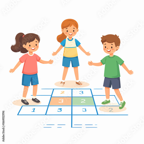 Three cheerful cartoon children actively playing hopscotch on a numbered grid, smiling brightly.