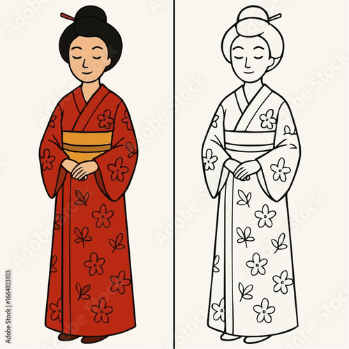 Educational coloring page for kids - Young woman in red kimono with flowers and black hairstyle  