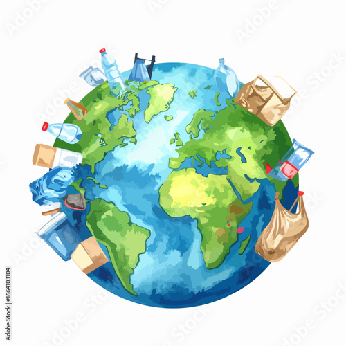 A watercolor illustration of Planet Earth covered with various types of garbage and plastic waste.