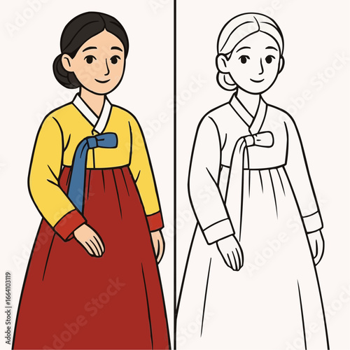 Educational coloring page for kids - Young woman in traditional hanbok dress standing with a smile  