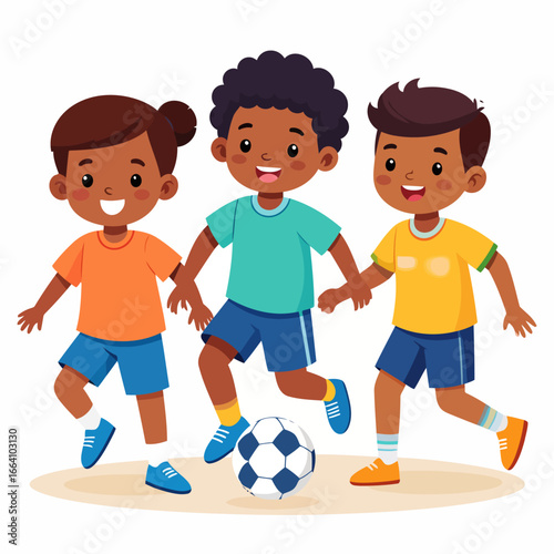 Happy diverse children in colorful sportswear playing soccer together, running after the ball with joyful expressions.