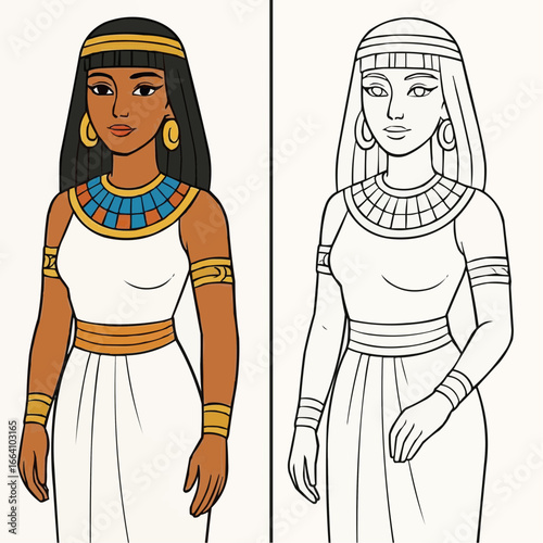 Educational coloring page for kids - Cartoon illustration of young Egyptian woman in traditional attire  