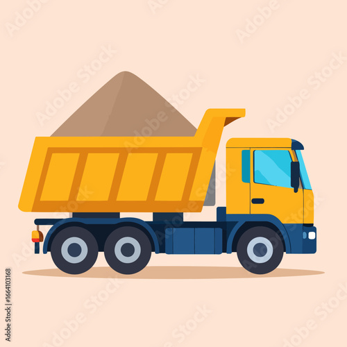 Yellow and blue construction dump truck carrying a full load of sand, side view vector illustration.