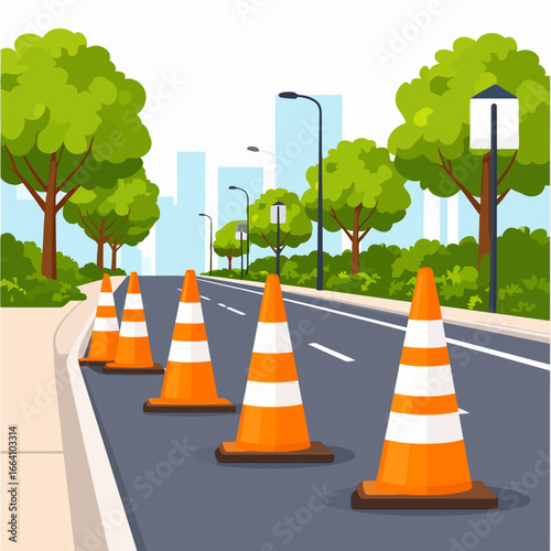 A row of bright orange traffic cones with reflective white stripes lined up in perspective.