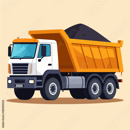 Heavy-duty industrial dump truck with a white cab and orange tipper bed full of coal, flat vector illustration.