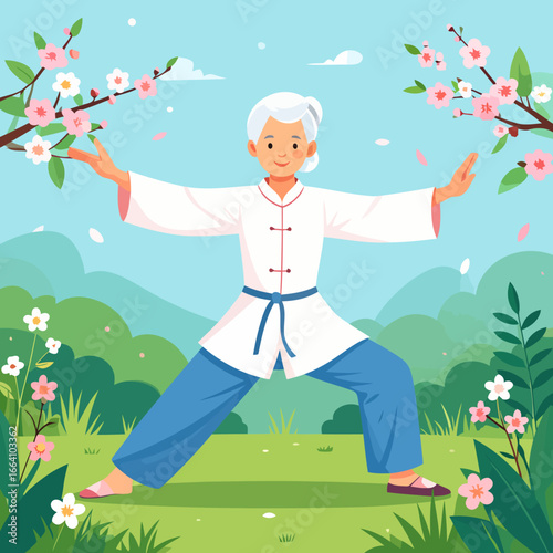 Elderly woman with white hair practicing Tai Chi in traditional white and blue uniform, cartoon illustration.