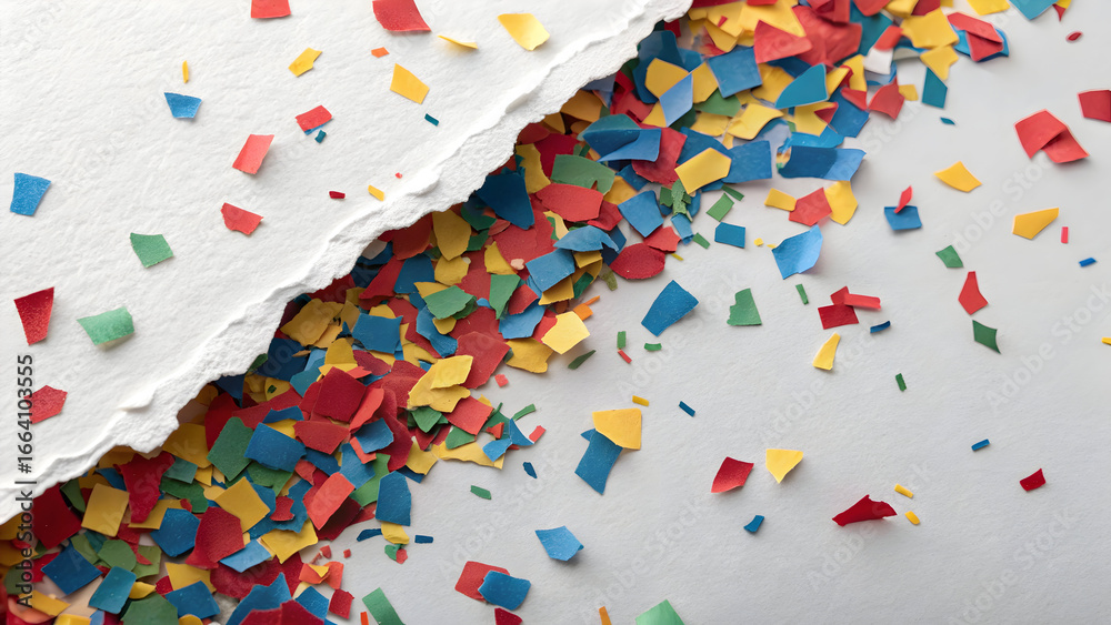 Obraz premium Torn white paper revealing scattered colorful confetti pieces on a light gray background