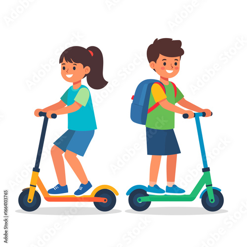 Happy cartoon boy and girl riding colorful kick scooters to school with a backpack.