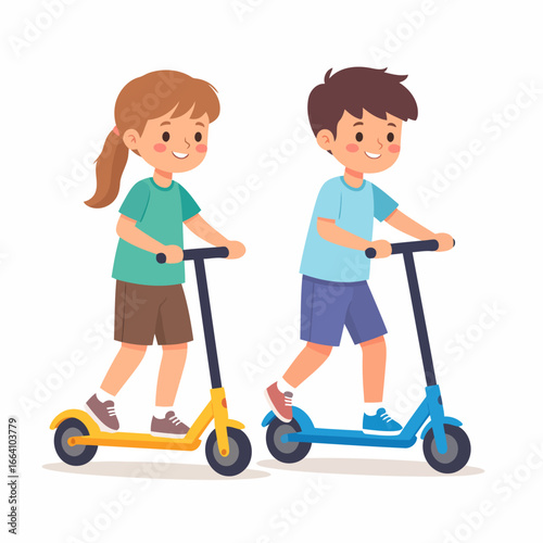 Two cheerful children, a girl and a boy, riding colorful scooters