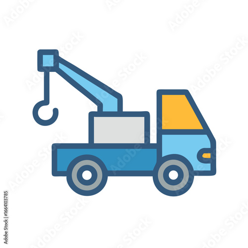 Flat design illustration of a blue and yellow tow truck on black backdrop