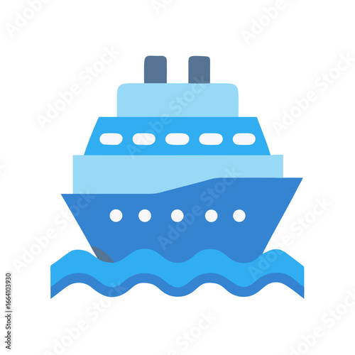 Stylized cruise ship icon sailing on blue waves against a black background