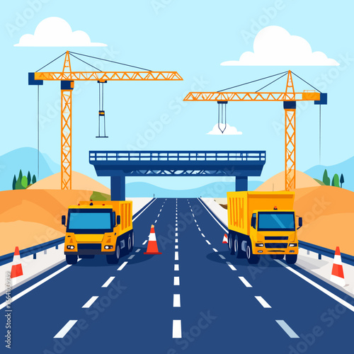 Yellow dump trucks and construction cranes at highway overpass project