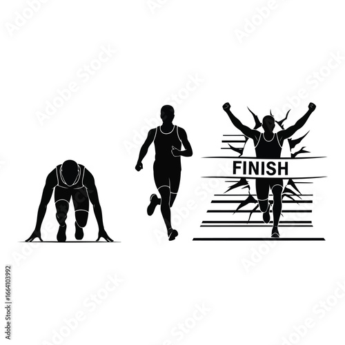 Runner stages silhouette from start to finish celebrating victory running race sports competition silhouette