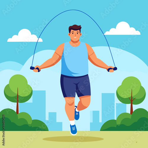 A cheerful man in a light blue tank top and dark blue shorts actively exercising with a jump rope.