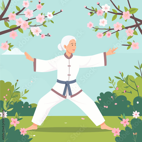 Graceful elderly woman with white hair in a bun, practicing a Tai Chi pose in a white uniform and blue belt.