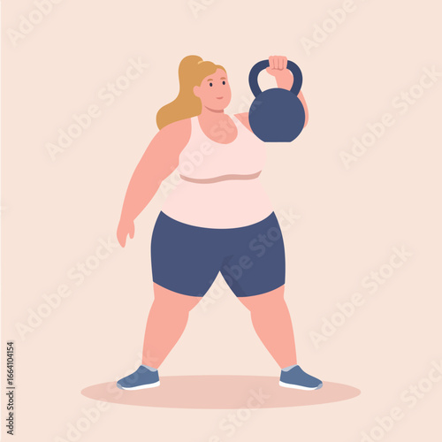 Smiling plus-size woman with a blonde ponytail exercising with a blue kettlebell.