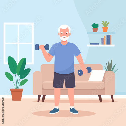 Smiling senior man with white hair and beard exercising with blue dumbbells, wearing sportswear.