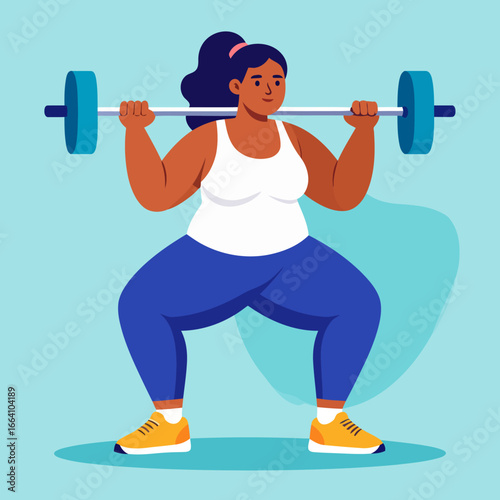 Strong, curvy woman with dark skin performing a barbell squat exercise in a flat vector illustration style.