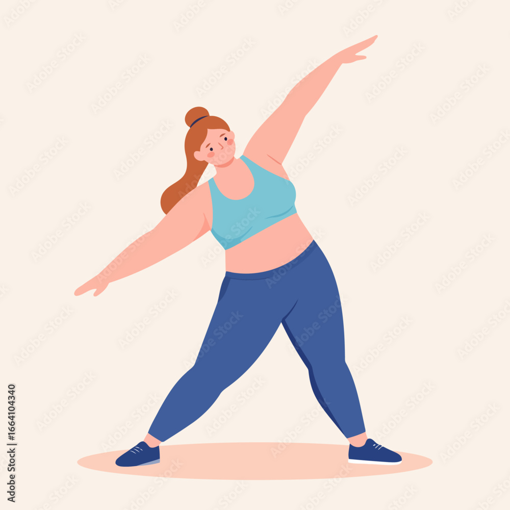 Naklejka premium Plus-Size Woman in Blue Activewear Performing a Dynamic Stretch