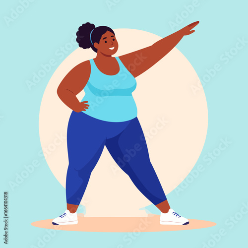 Confident plus-size woman in blue activewear, smiling, standing with arm extended forward