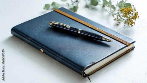 Wallpaper Mural A navy blue leather-bound journal rests on a white surface, accompanied by a dark pen and sprigs of eucalyptus and yellow wildflowers Torontodigital.ca