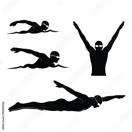 Silhouette collection of swimmers demonstrating various strokes and poses in a pool silhouette