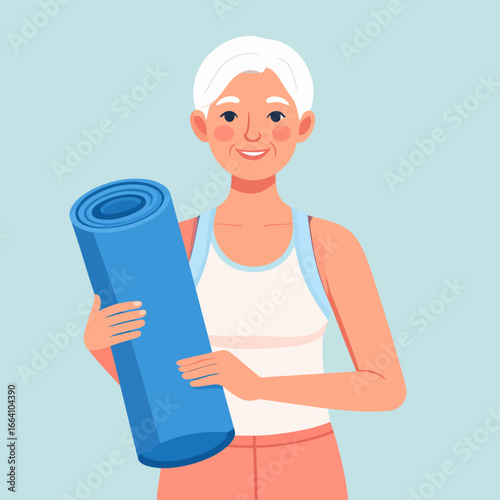 Smiling Senior Woman Holding Yoga Mat, Active Lifestyle
