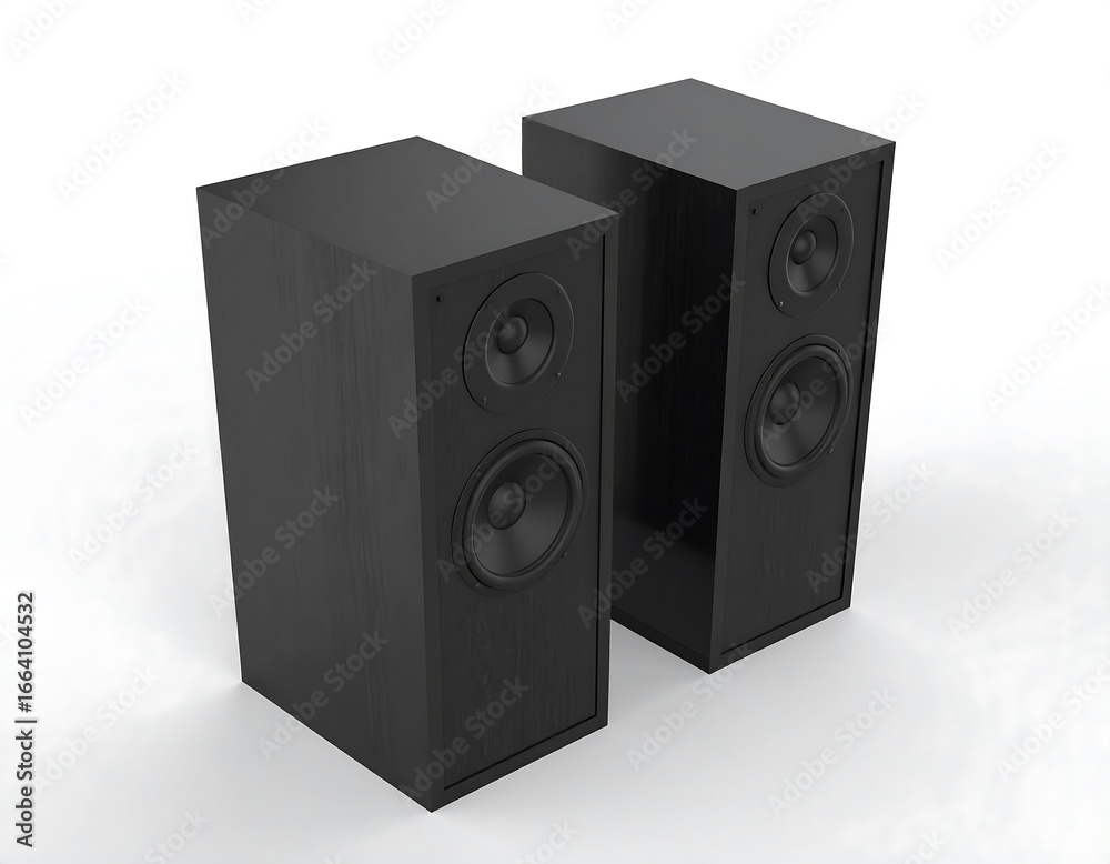 Obraz premium Two black speakers against white background