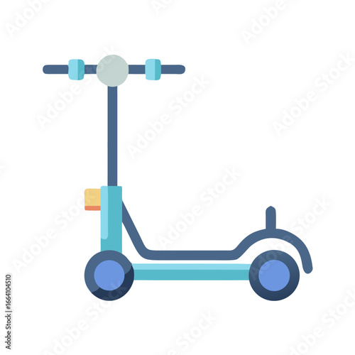 Blue kick scooter with flat style, isolated on a solid black background.