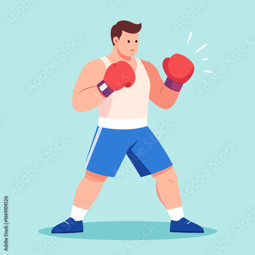 Muscular Boxer in Red Gloves and Blue Shorts Ready to Fight