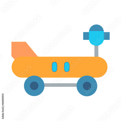 Cartoon Mars rover vehicle in flat design with orange body and blue accents