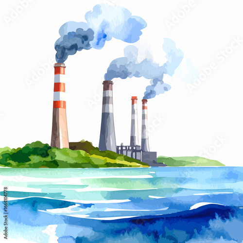 Watercolor Illustration of Industrial Power Plant with Smoke Emissions