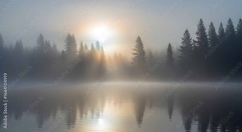Fototapeta premium Misty Sunrise Over Calm Lake and Forest.