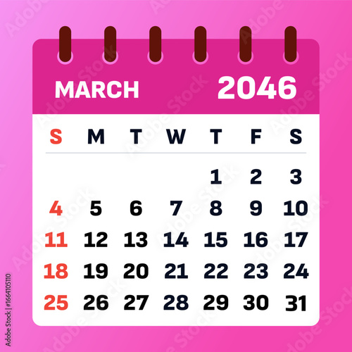 March 2046 calendar. Pink monthly planner. 2046 weekend sunday–saturday setup. Flat calendar page. Date chart for march calendar 2046. Vector graphic